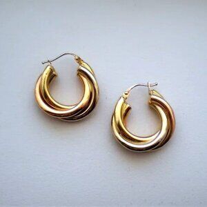 Vintage Italy Tri Color 14K Yellow Rose White Gold Twisted Triple Hoop Earrings